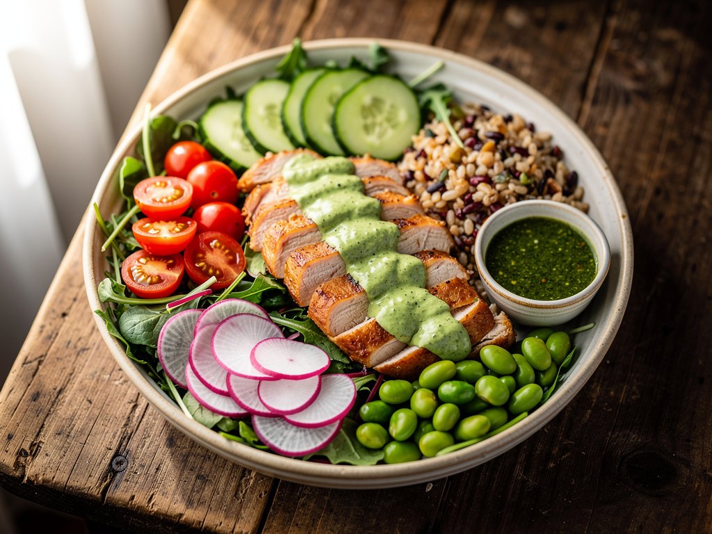 Chimichurri Chicken Grain Bowl with Arugula and Edamame