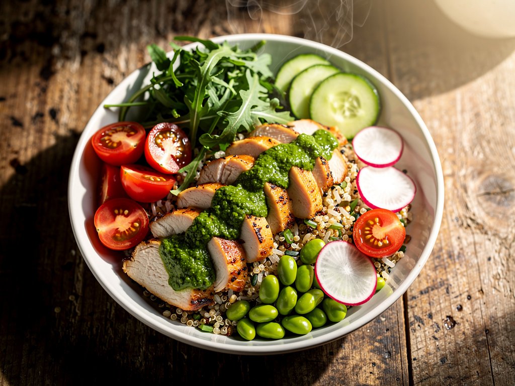 Chimichurri Chicken Grain Bowls with Arugula and Edamame