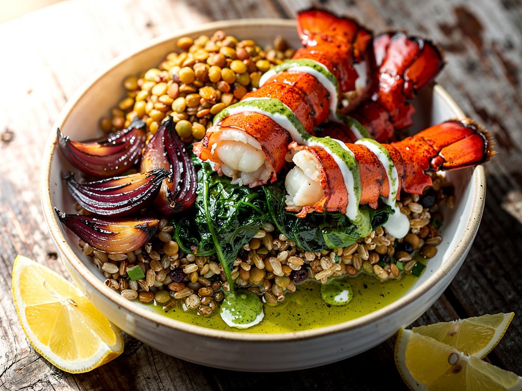 Chimichurri Lobster Grain Bowl with Crispy Lentils and Spinach