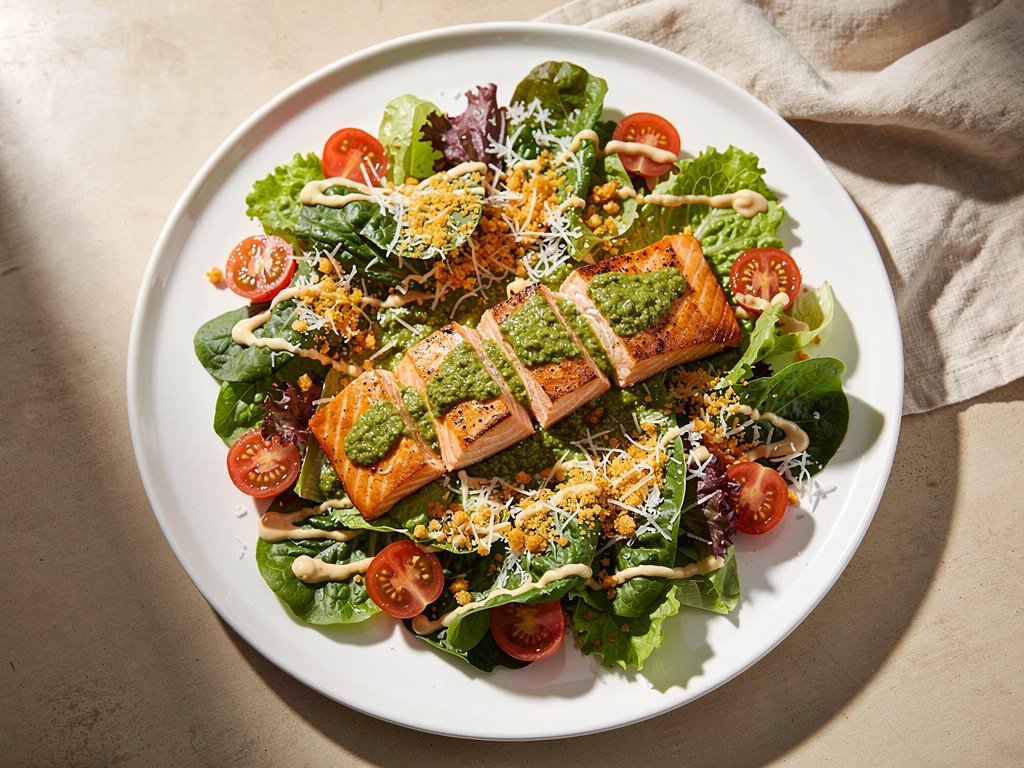 Chimichurri Salmon Caesar Salad with Toasted Panko