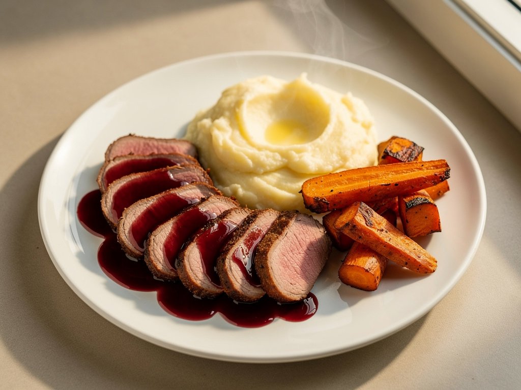 Cinnamon-Smoked Paprika Pork Tenderloin with Cherry Sauce and Chili Roasted Carrots