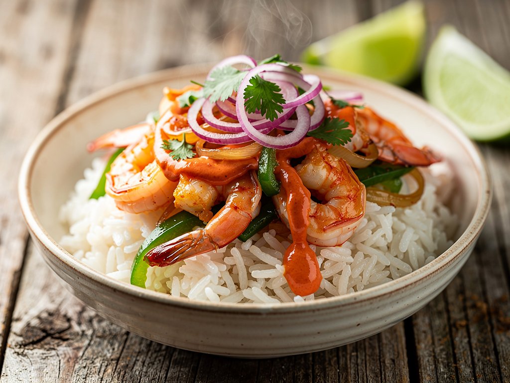Citrus Shrimp Bowls with Smoky Red Pepper Crema and Pickled Onions