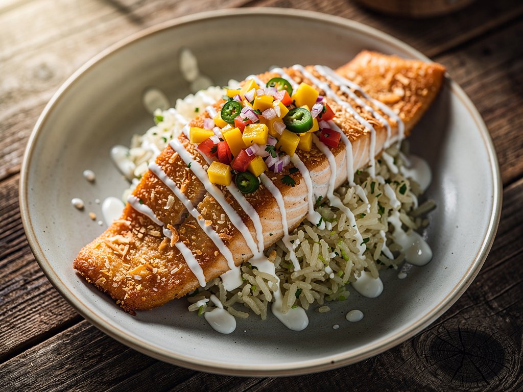 Crispy Coconut-Crusted Trout Bowls with Mango Salsa and Cilantro Lime Rice