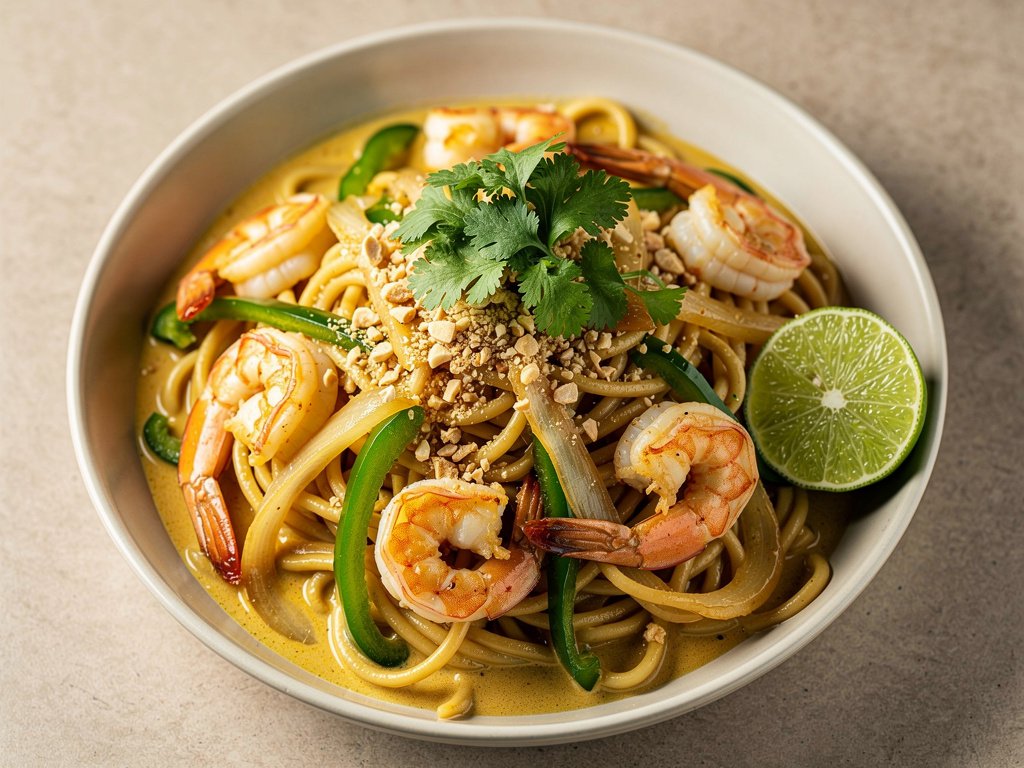 Coconut Curry Shrimp and Ramen Noodle Stir-Fry with Bell Peppers