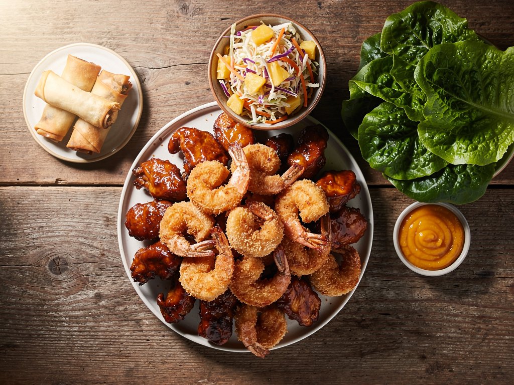Coconut Shrimp and Hoisin Chicken Lettuce Wraps with Spring Rolls and Mango Chutney