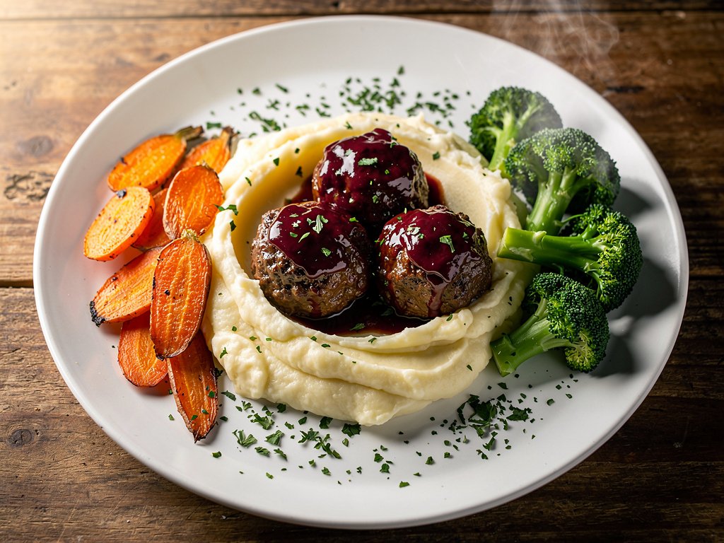 Cranberry Glazed Beef Meatballs with Mashed Potatoes and Roasted Vegetables