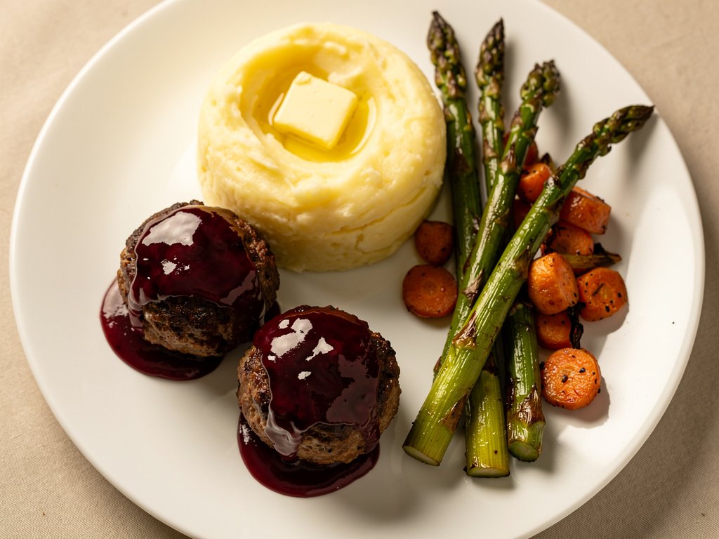 Tangy Cranberry Glazed Beef Meatballs with Creamy Mashed Potatoes and Roasted Asparagus