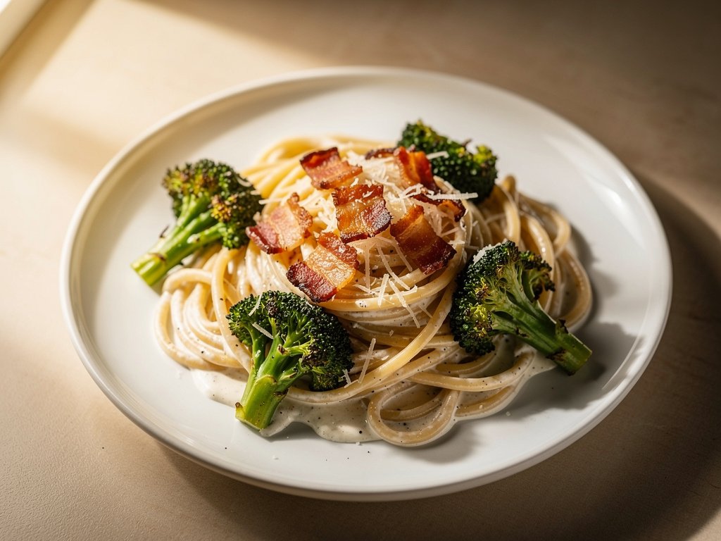 Creamy Bacon and Broccoli Linguine with Parmesan