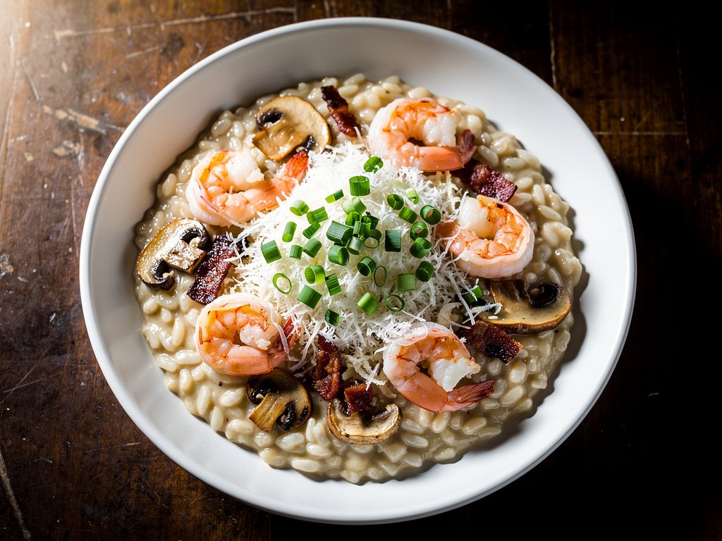 Creamy Bacon Shrimp and Mushroom Risotto with Thyme and Parmesan