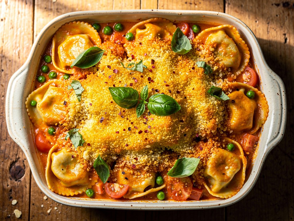 Creamy Baked Tortelloni with Crispy Parmesan Panko Topping