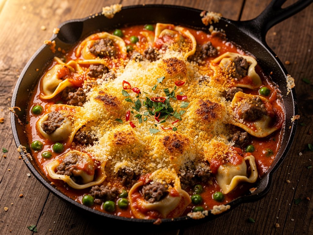 Creamy Beef Tortelloni Bake with Crispy Parmesan Panko Topping