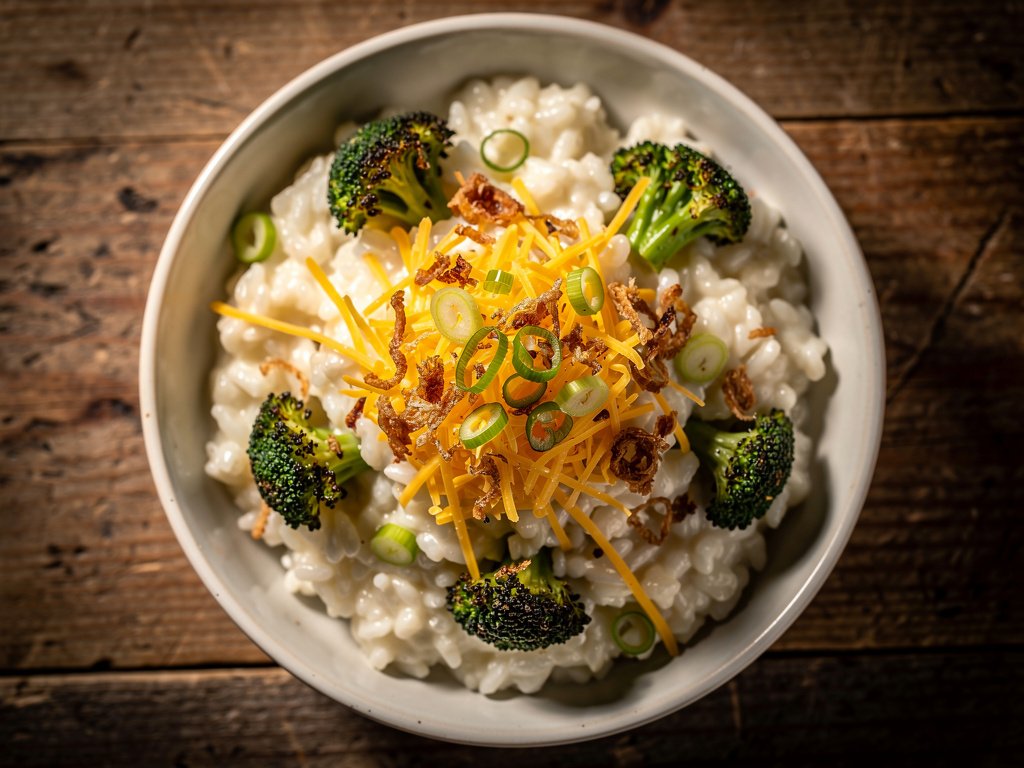 Creamy Broccoli Cheddar Risotto with Crispy Onions