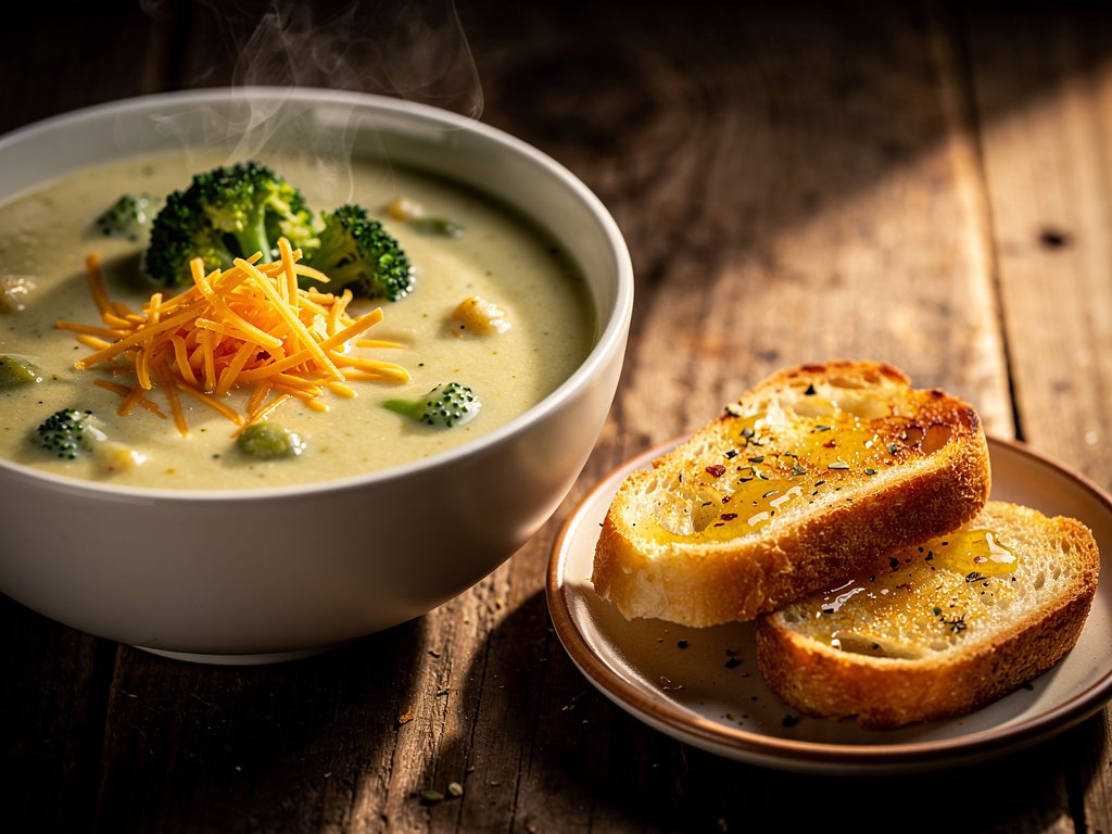Creamy Broccoli Cheddar Soup with Crispy Garlic Bread