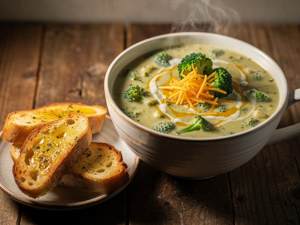 Creamy Broccoli Cheddar Soup with Crispy Garlic Bread