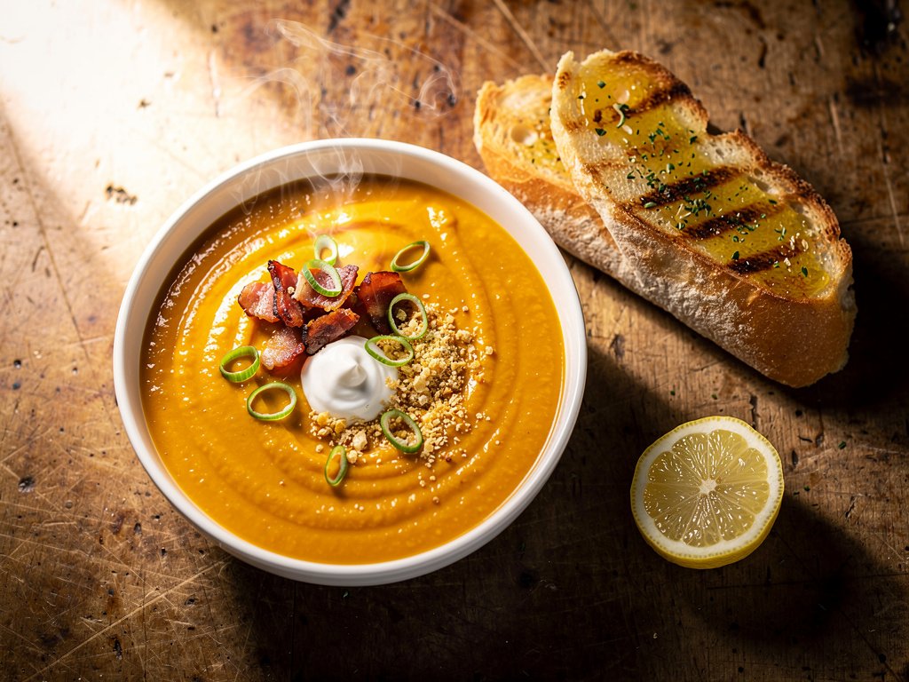 Creamy Butternut Squash and Sweet Potato Soup with Bacon and Garlic-Lemon Toasts