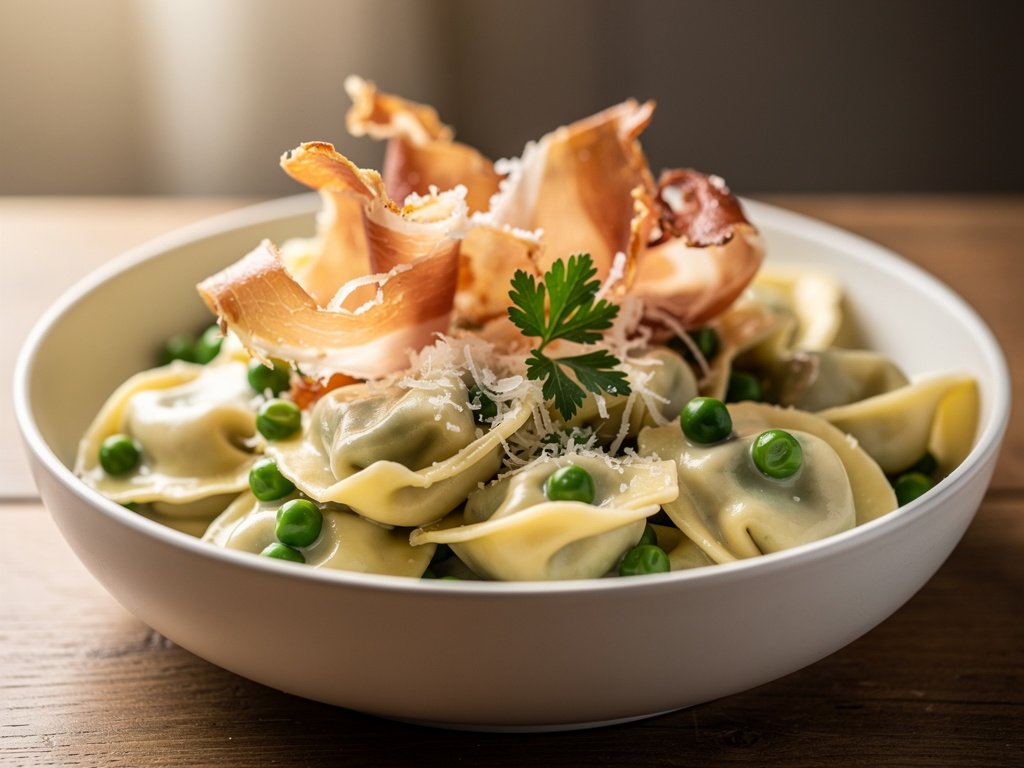 Creamy Cheese Tortellini with Crispy Prosciutto and Peas