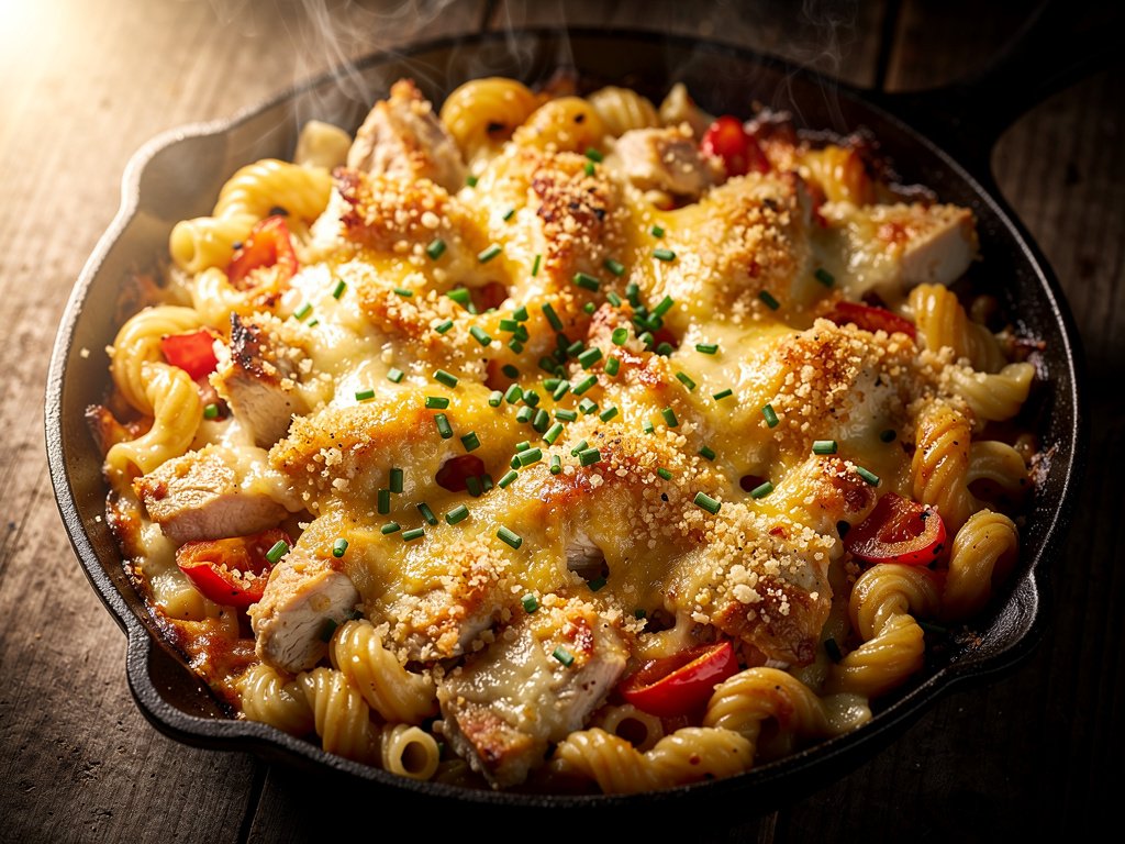 Creamy Chicken and Bell Pepper Cavatappi Bake with Mozzarella and Panko