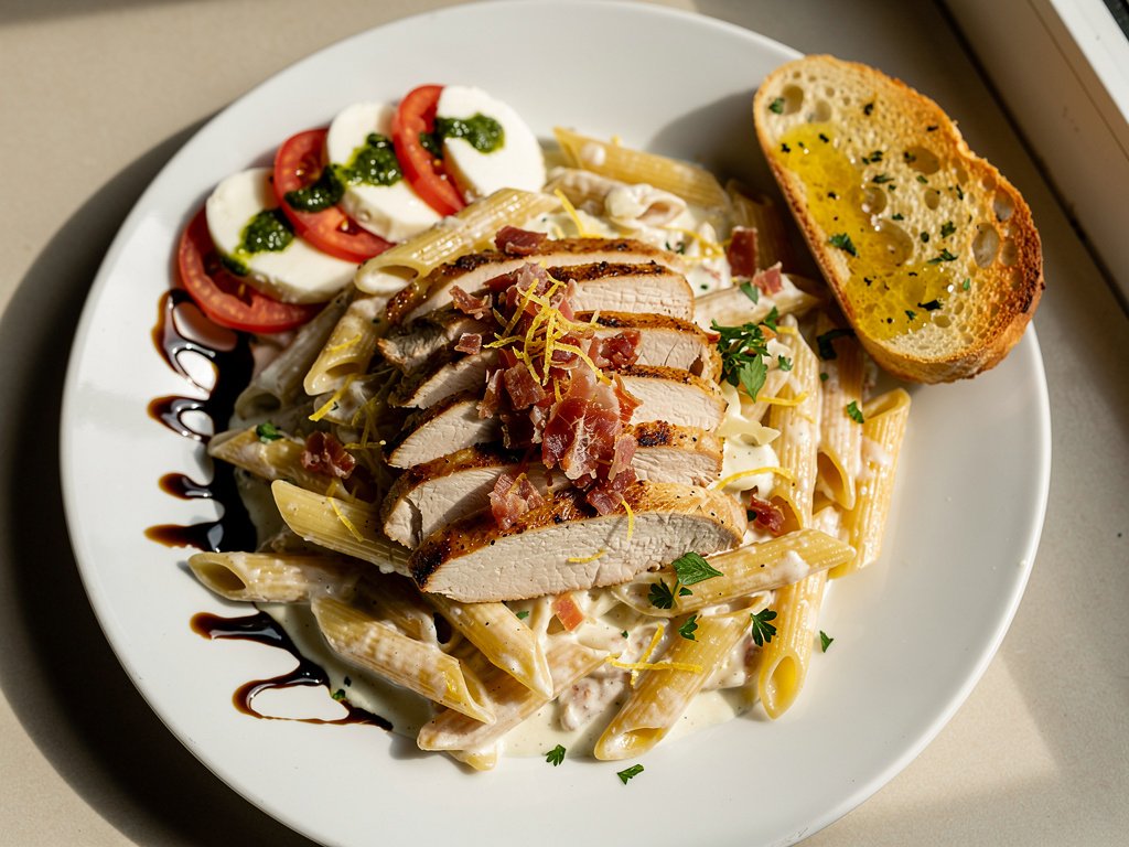 Creamy Chicken Penne with Peas and Prosciutto, Caprese Salad, and Garlic Bread