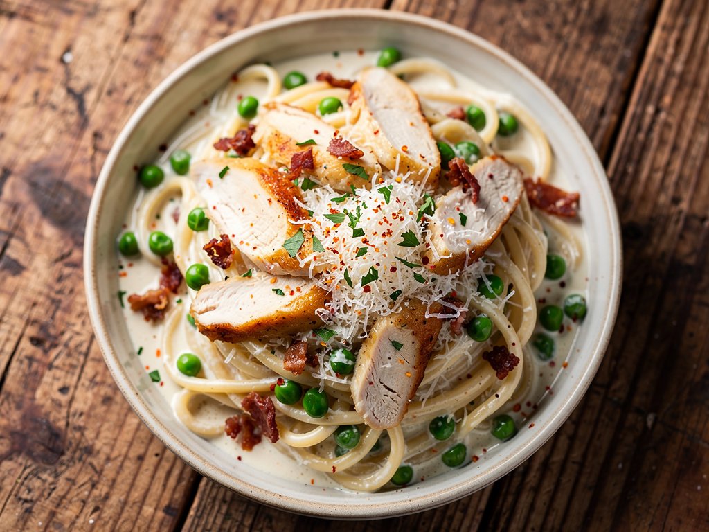 Creamy Chicken and Prosciutto Pasta with Peas and Parmesan