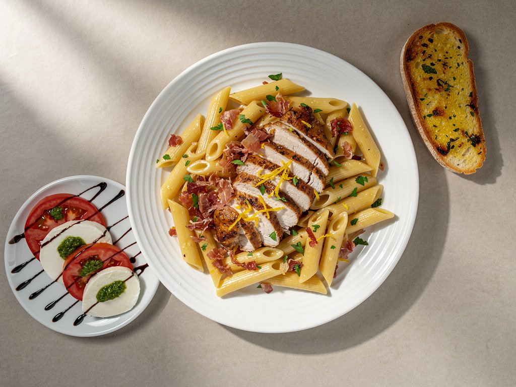 Creamy Chicken and Prosciutto Penne with Caprese Salad and Garlic Bread