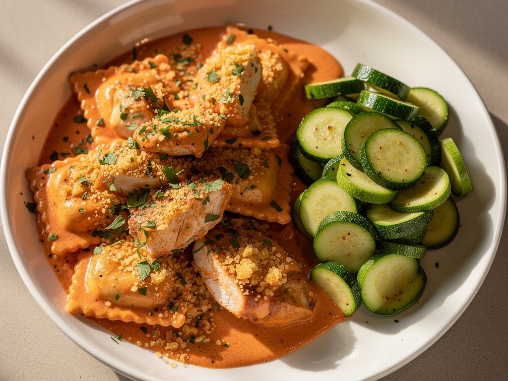 Creamy Chicken and Ricotta Ravioli with Toasted Panko and Lemony Zucchini