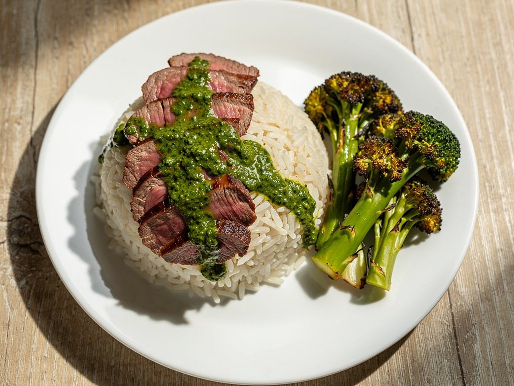 Creamy Chimichurri Bavette Steak with Garlic Roasted Broccoli and Rice