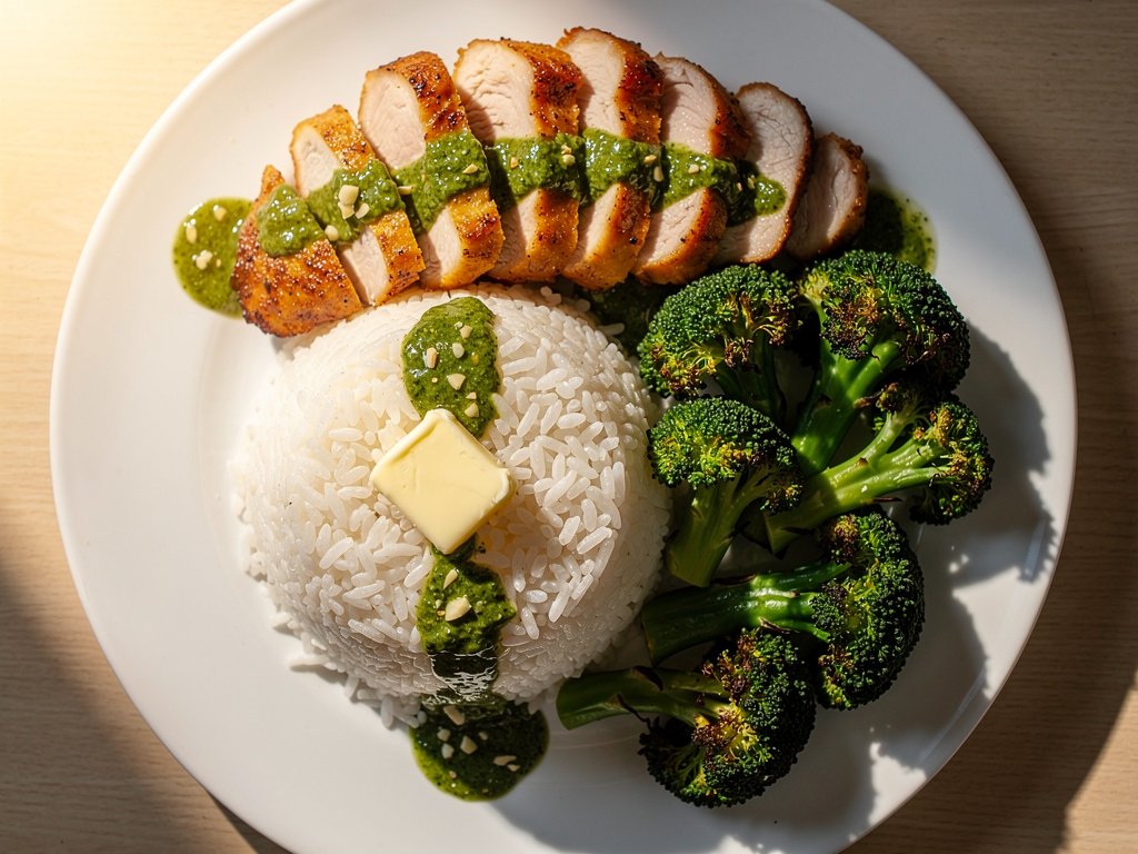 Creamy Chimichurri Chicken with Rice and Garlic Roasted Broccoli