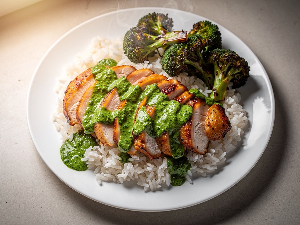 Creamy Chimichurri Pork with Garlic Roasted Broccoli and Rice