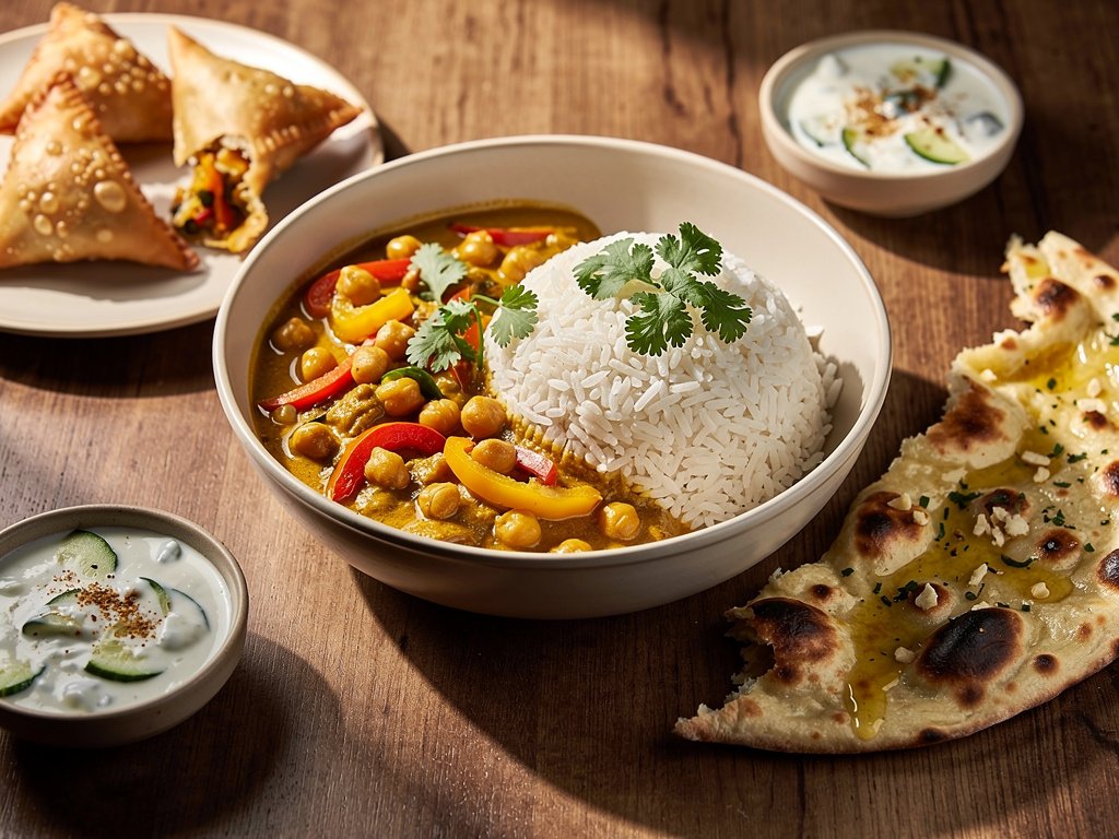 Creamy Coconut Chickpea Curry with Basmati Rice and Samosas