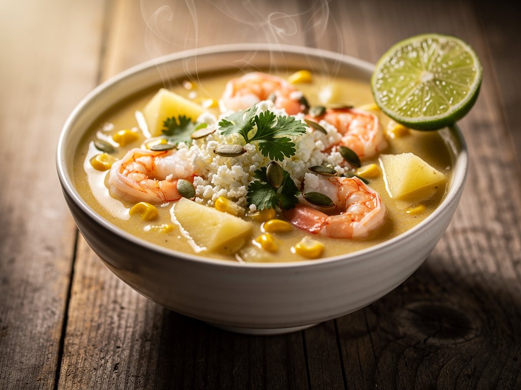Creamy Corn, Shrimp & Potato Chowder with Cotija and Pepitas