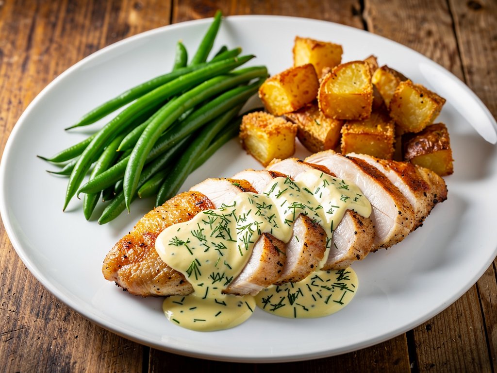 Creamy Dijon Dill Chicken with Roasted Potatoes and Green Beans