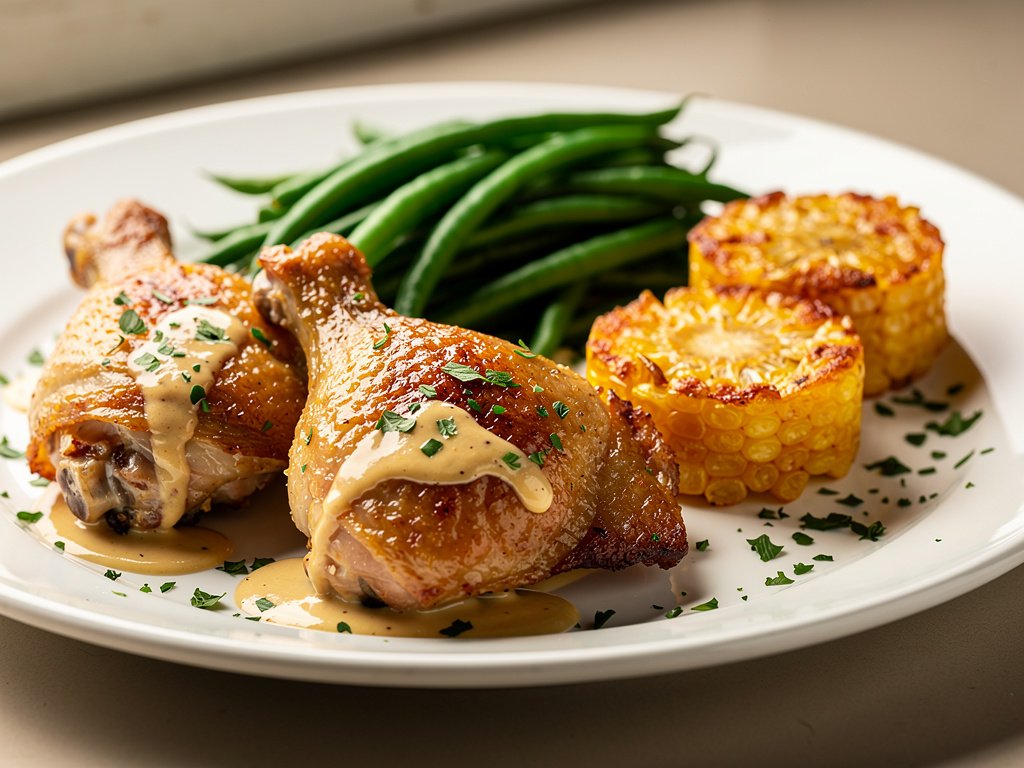 Creamy Dijon Roasted Chicken Thighs with Cheesy Corn Cakes and Green Beans