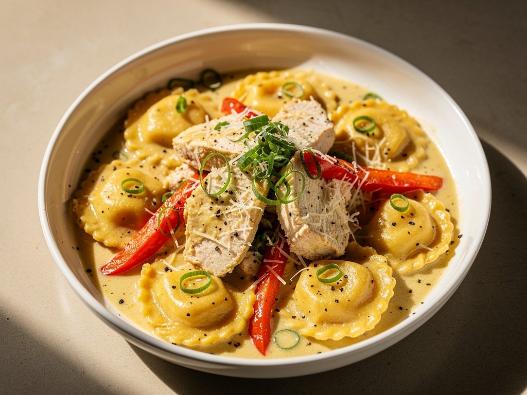Creamy Garlic Chicken and Butternut Squash Agnolotti with Roasted Bell Pepper