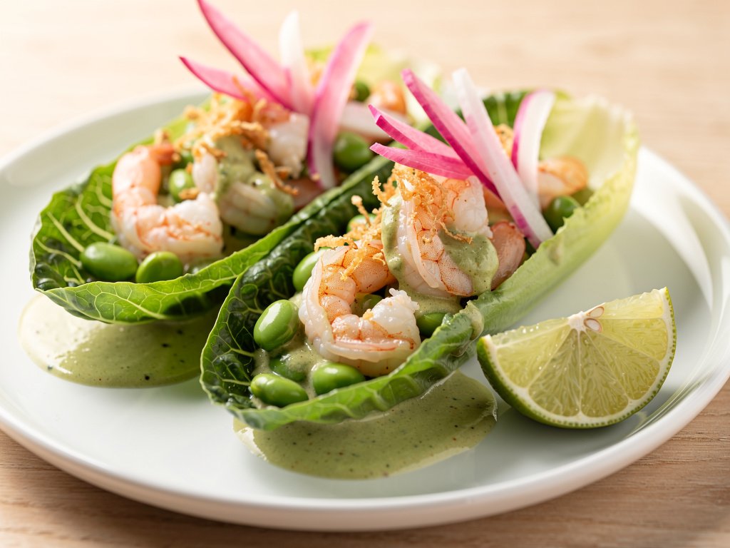 Creamy Green Curry Shrimp Lettuce Wraps with Pickled Radishes
