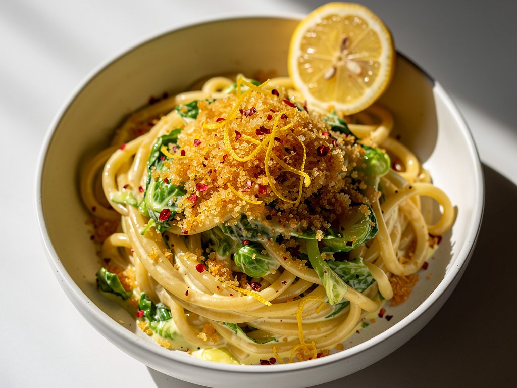 Creamy Lemon Brussels Sprouts Linguine with Toasted Panko