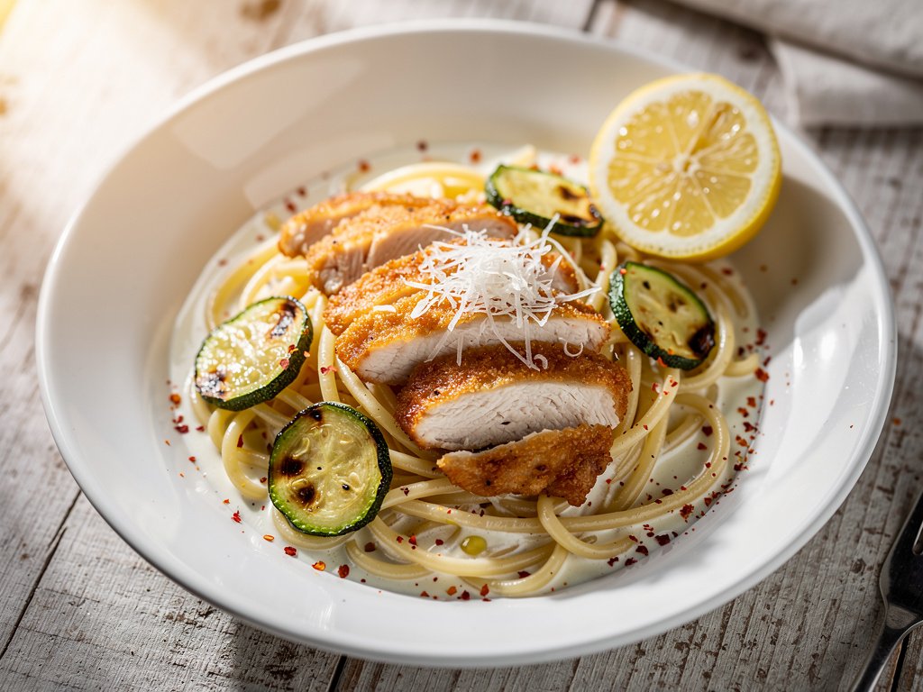 Creamy Lemon Chicken Pasta with Zucchini and Chili Flakes