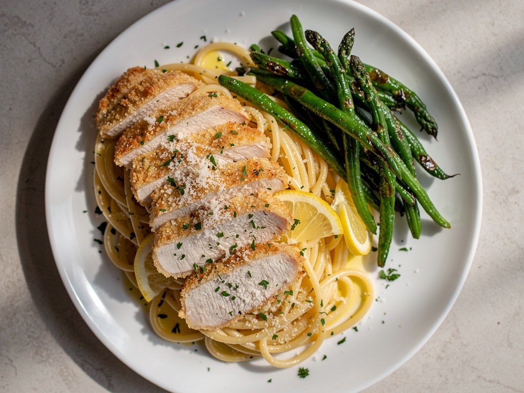 Creamy Lemon Garlic Chicken Linguine with Parmesan and Green Beans