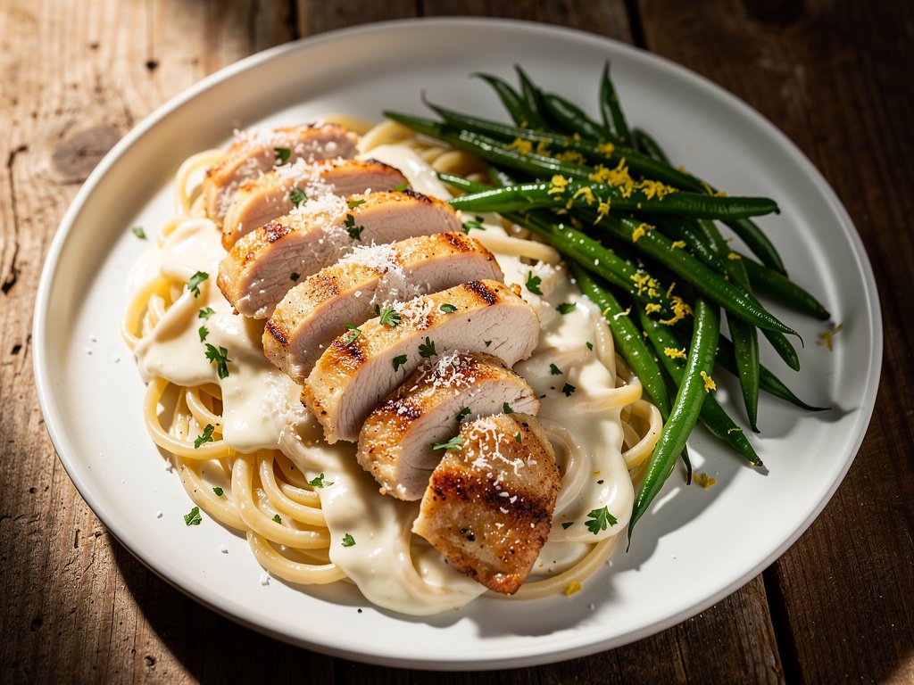 Creamy Lemon Garlic Chicken Linguine with Parmesan Green Beans
