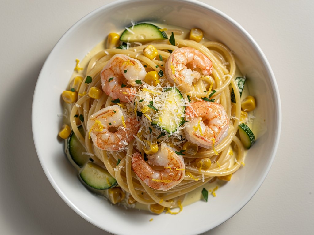 Creamy Lemon Garlic Shrimp Linguine with Corn and Zucchini