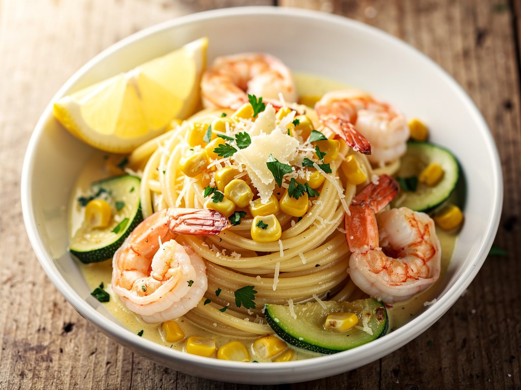 Creamy Lemon Garlic Shrimp Linguine with Summer Vegetables