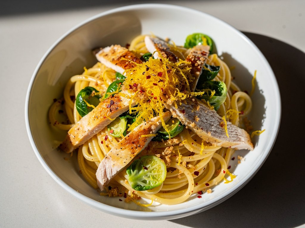 Creamy Lemon Linguine with Chicken and Brussels Sprouts