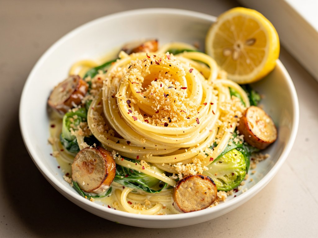 Creamy Lemon Linguine with Chicken Sausage and Brussels Sprouts
