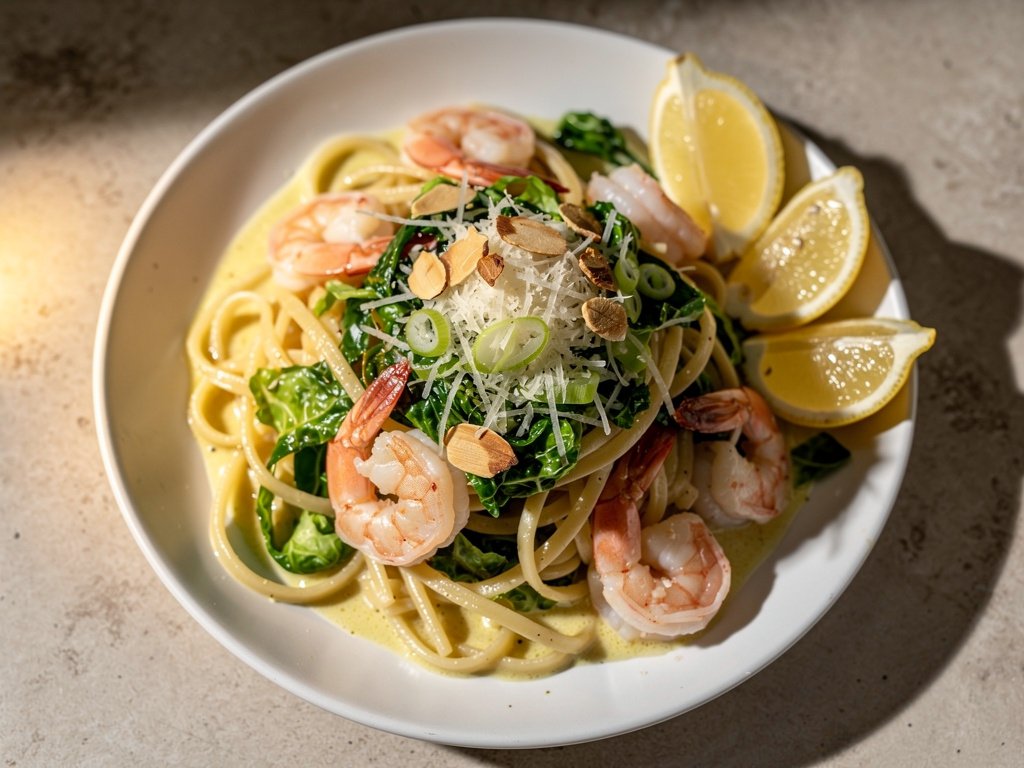 Creamy Lemon Parmesan Gluten-Free Linguine with Shrimp and Brussels Sprouts