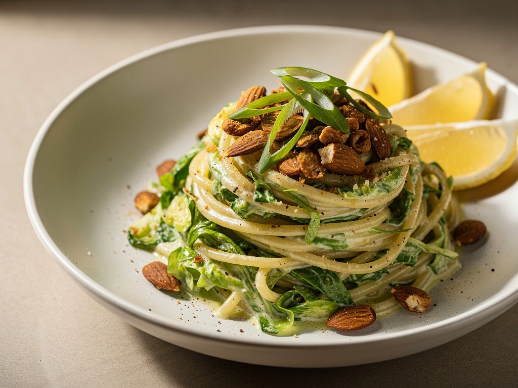 Creamy Lemon Parmesan Linguine with Brussels Sprouts and Spicy Almonds