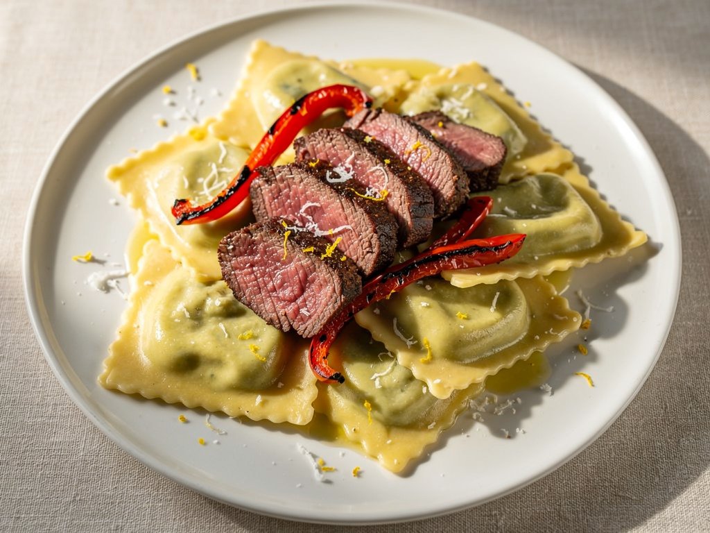 Creamy Lemon Parmesan Ravioli with Bavette Steak and Roasted Bell Pepper