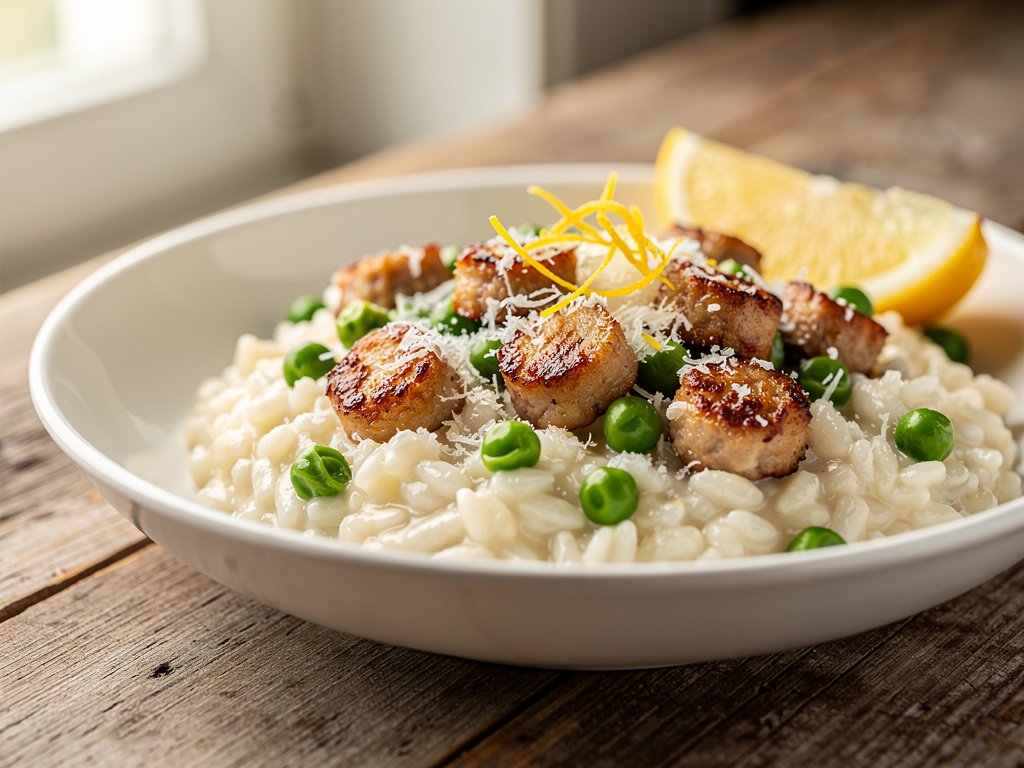 Creamy Lemon Parmesan Risotto with Pork Sausage and Peas