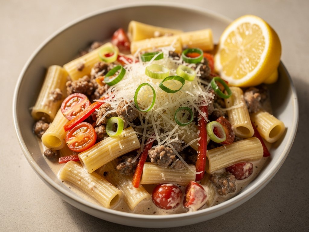 Creamy Lemon Parmesan Sausage Rigatoni with Bell Peppers and Tomatoes