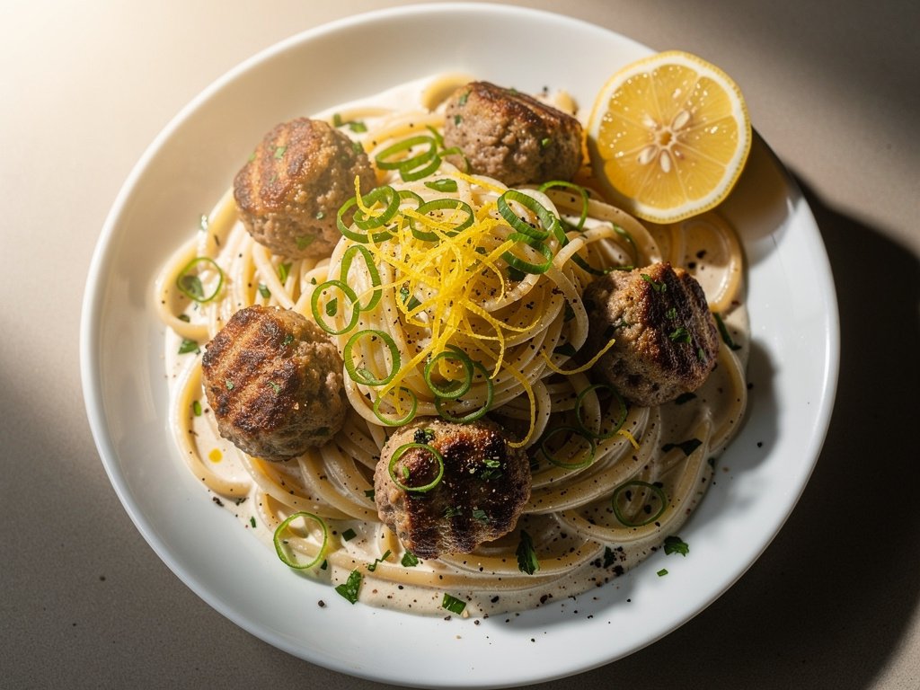 Creamy Lemon Pepper Linguine with Beef Meatballs