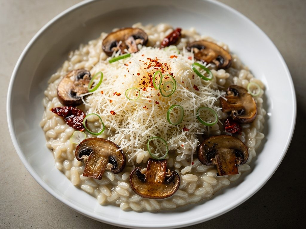 Creamy Mushroom and Sun-Dried Tomato Risotto with Parmesan
