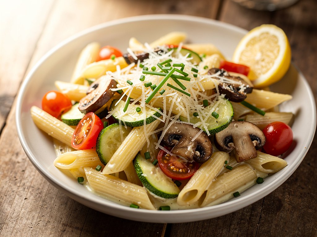 Creamy Mushroom and Zucchini Penne with Lemon Crème Fraîche Sauce